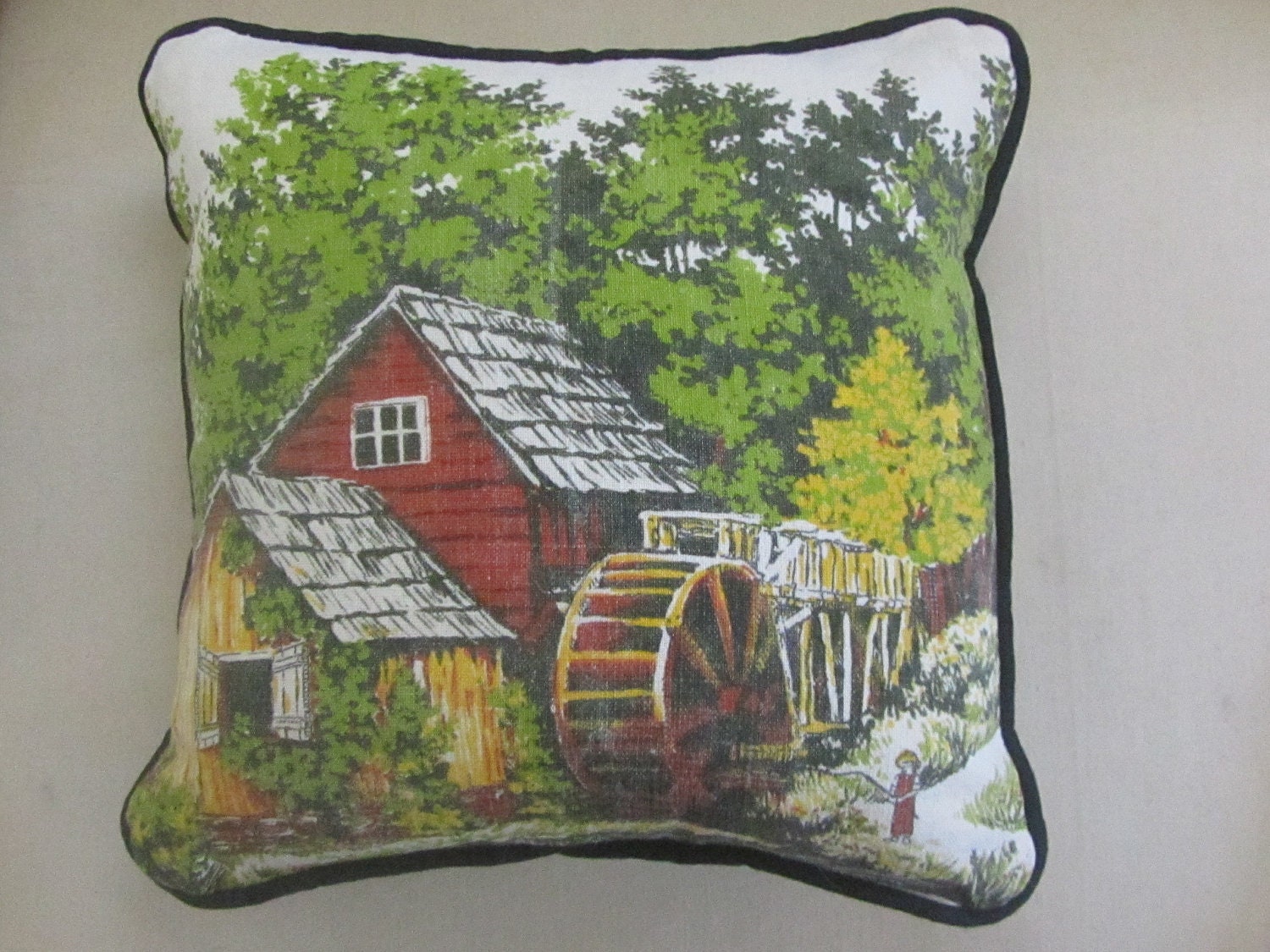 Vintage Water Wheel Mill with Barn scene calendar linen pillow- Fall pillow, water wheel, old mill, barn, woodland pillow, country