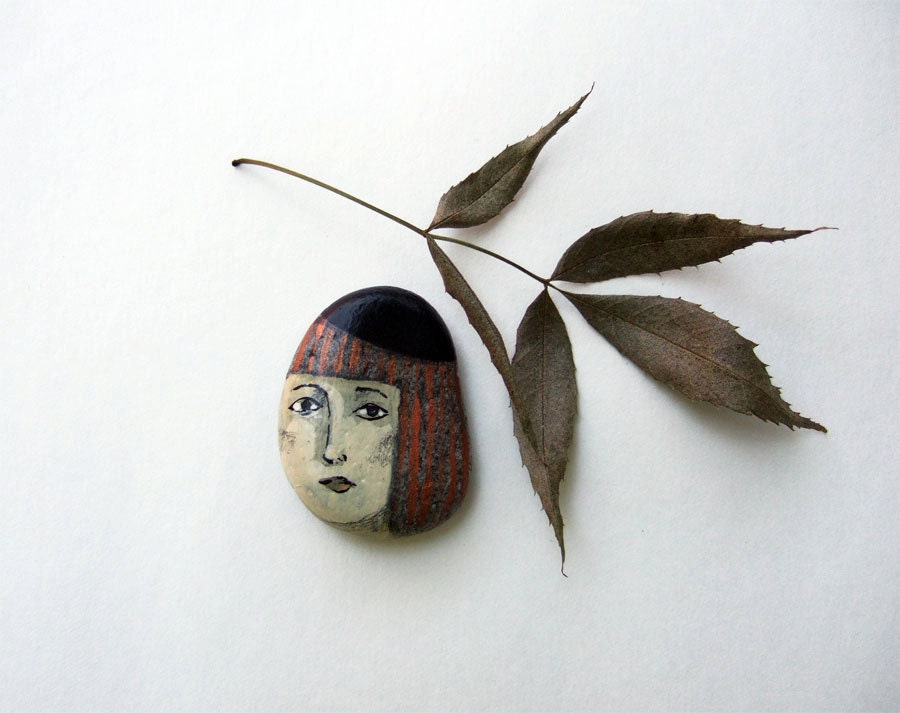 original painted stone rock FACE mixed media souvenir people