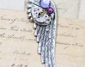 Steampunk Necklace Wing Jewelry CUSTOM Birthstone Wing Necklace  Mother or Father Steam Punk Jewelry 24" Upcycled - Silver Wing