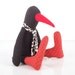 Black baby bird - Black small duck or penguin with red beak Wearing Dotted socks and Black White tie - handmade fabric doll