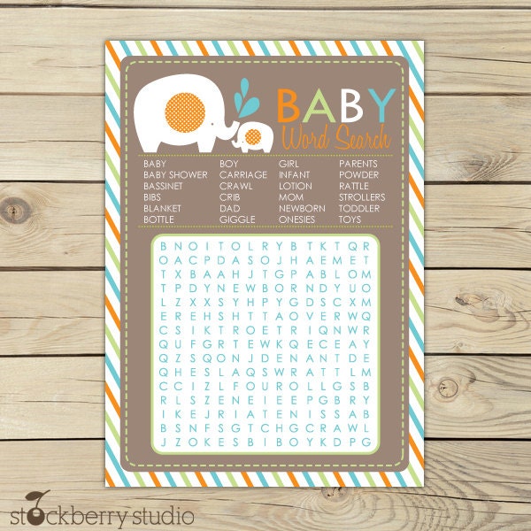 Elephant Baby Shower Orange & Aqua Printable Word Search Game - Instant Download Il_570xn