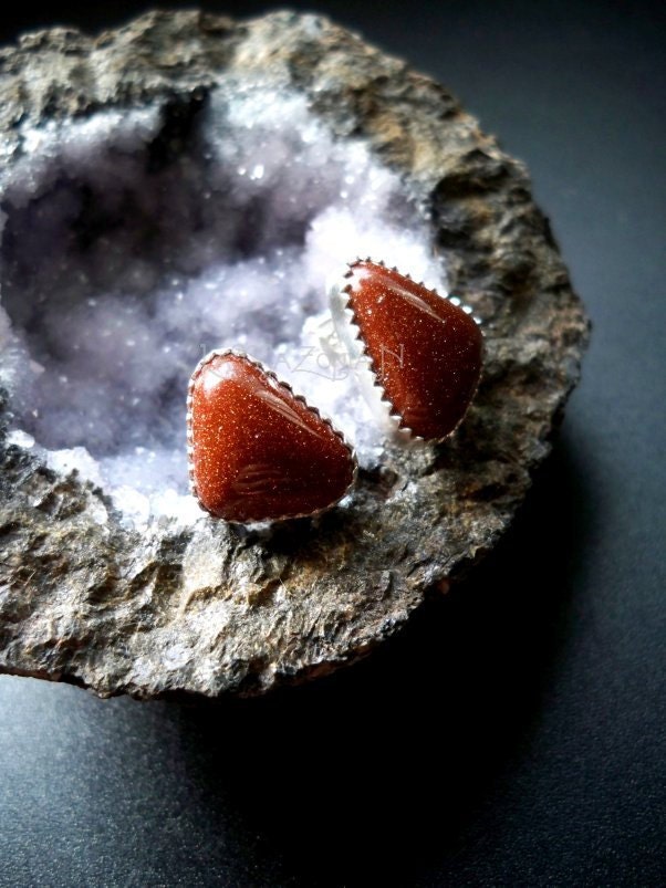 Goldstone stud earrings -  sterling silver ear posts - handcut cabochons - Gemstone jewelry by Lamazonian