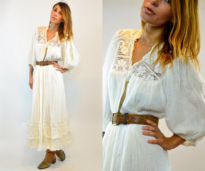 FEMININE cotton gauze crocheted BOHEMIAN maxi tent DRESS, one size