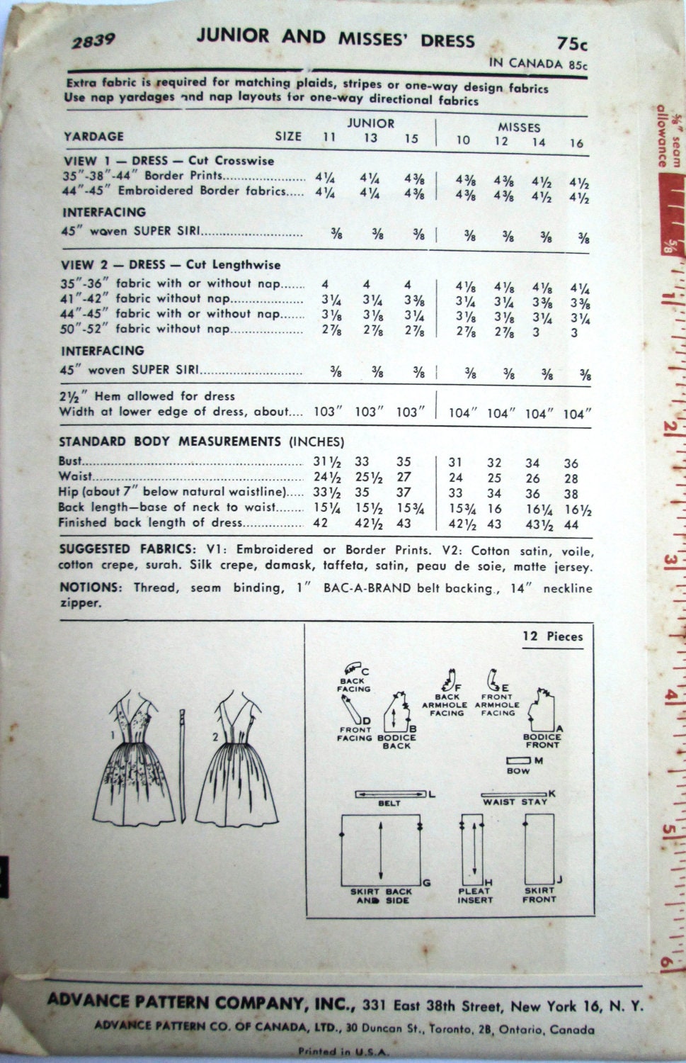 Advance 2839 Womens Dress Pattern