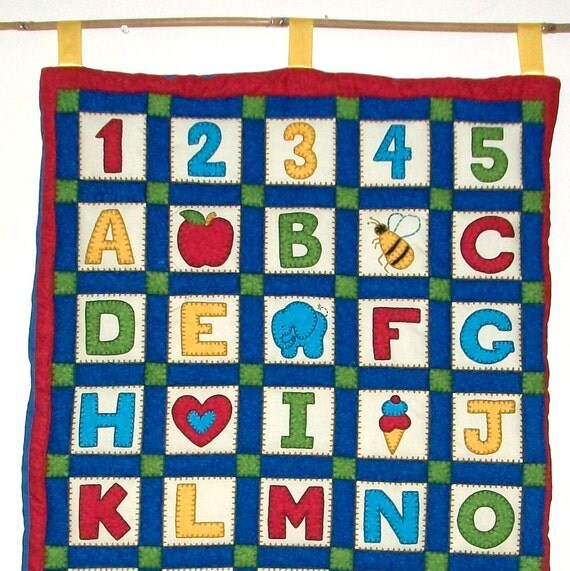Alphabet numbers patchwork quilted wall hanging by lilacelephant
