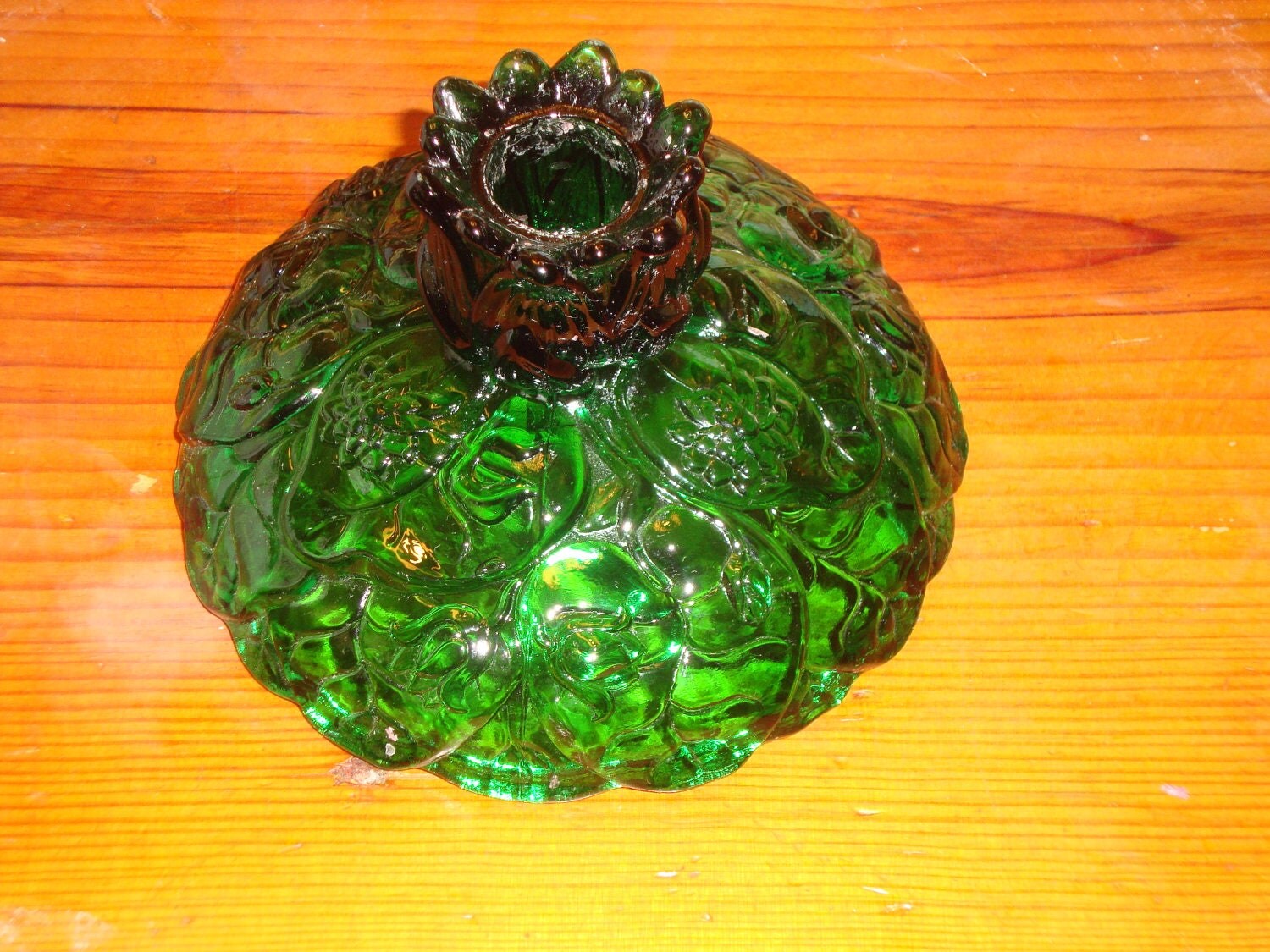 Exceptional Floral Embossed GREEN GLASS Vintage CANDLE Holder W/Scalloped Top & Bottom - 1950's