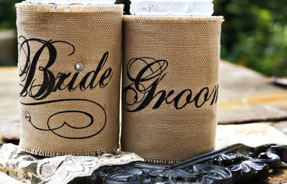 Burlap Wedding Koozies: Bride and Groom