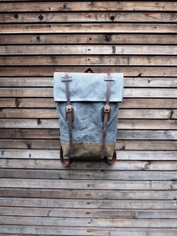 Waxed canvas rucksack/backpack with folded top and double waxed bottom UNISEX medium size