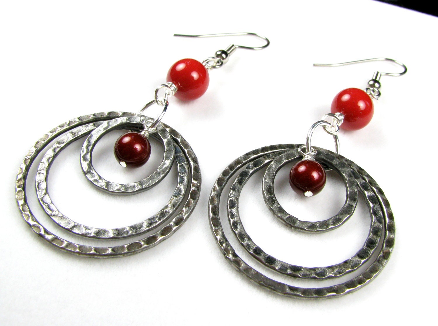 Coral Crystal Pearl Antique Silver Hammered Rings Earrings