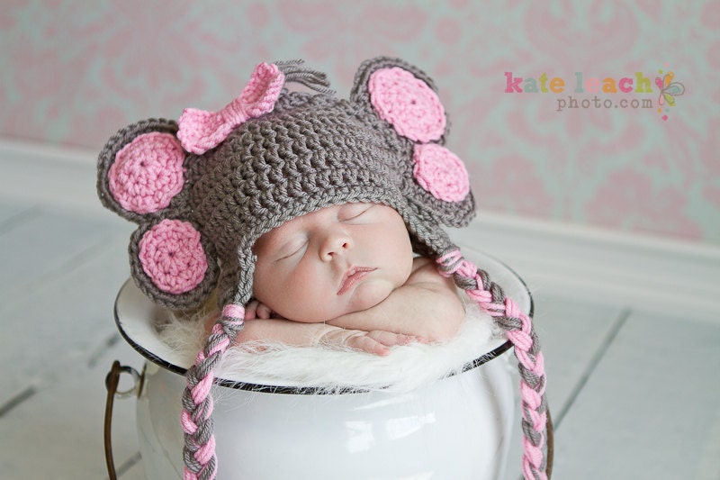 Little Miss Elephant Beanie in Gray and Baby Pink Available in Newborn to 5 Years Size- MADE TO ORDER