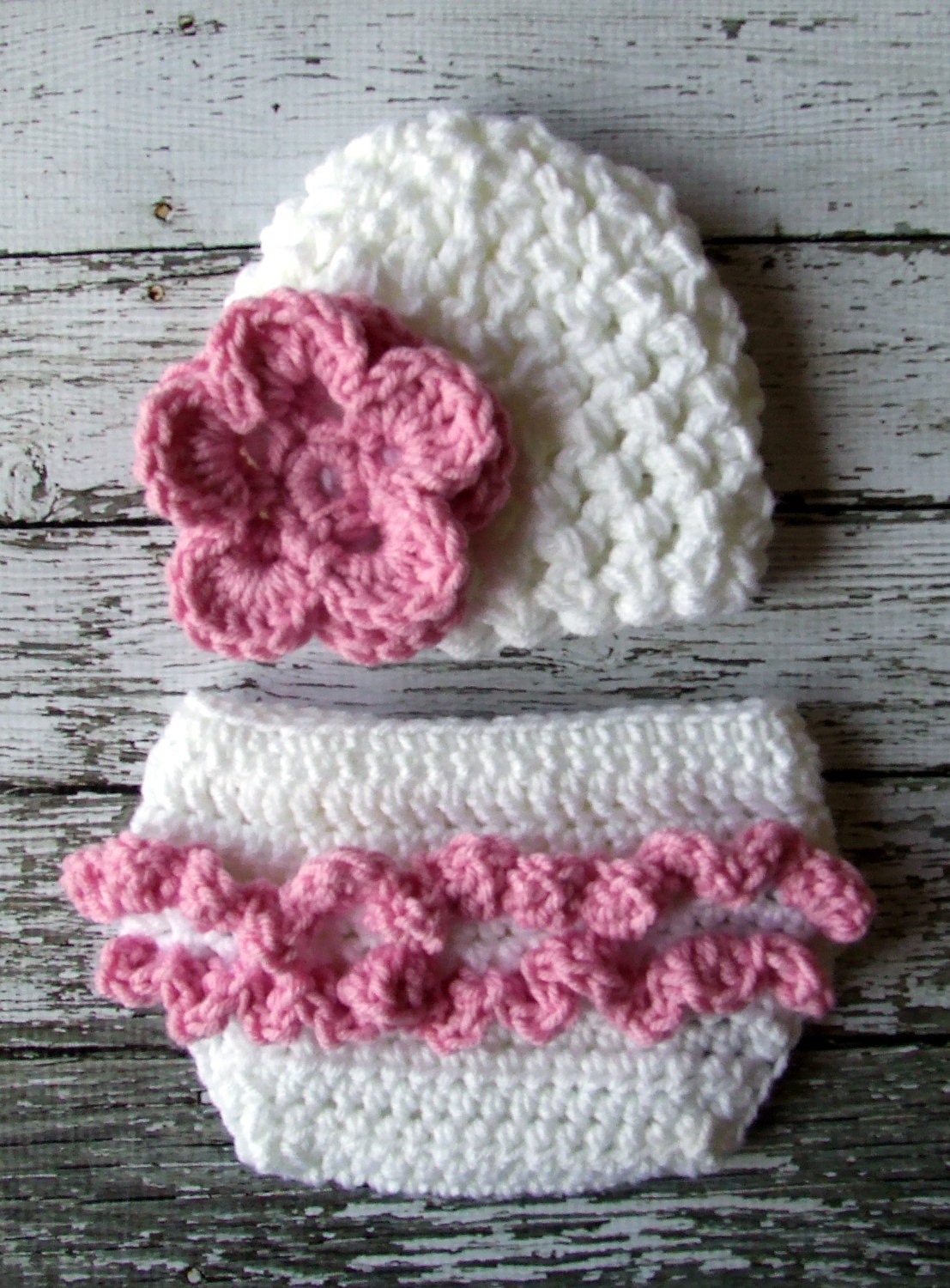 Emma Beanie, Headband, Diaper Cover and Macthing Booties Available in Newborn to 12 Months Size- MADE TO ORDER