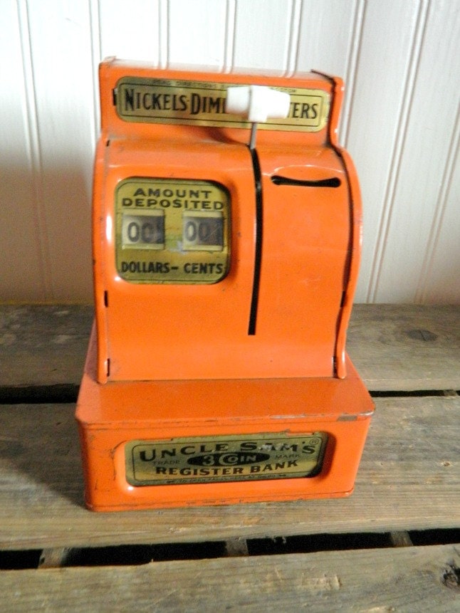 Vintage Orange Uncle Sams 3 Coin Register Bank