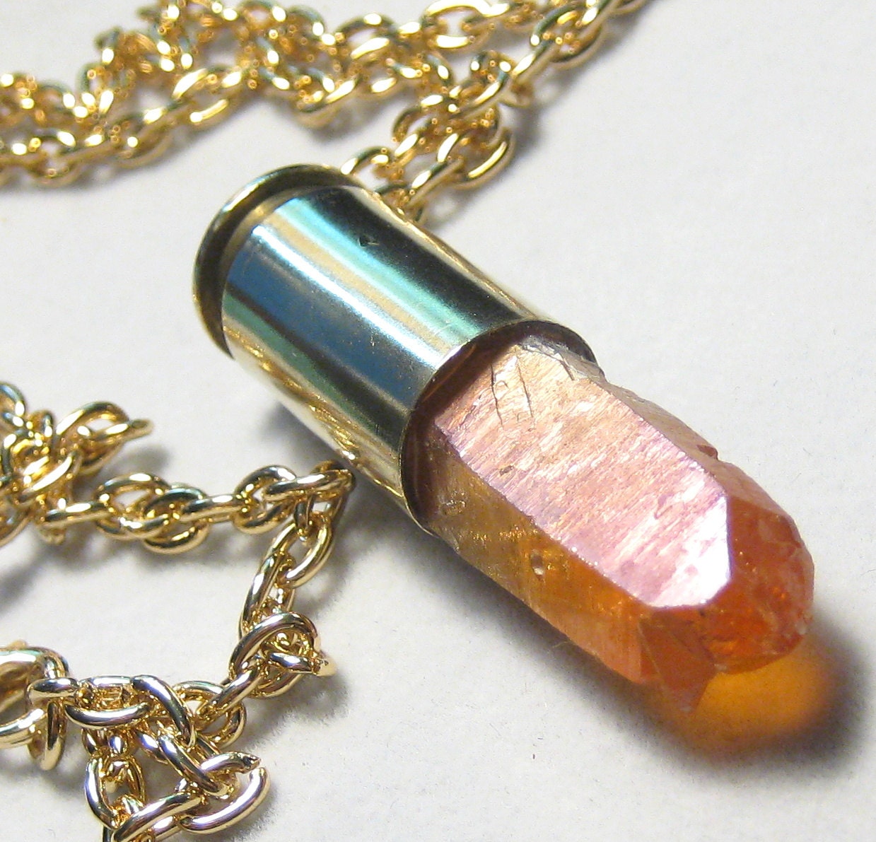 Tangerine Aqua Aura Crystal Brass Bullet Necklace