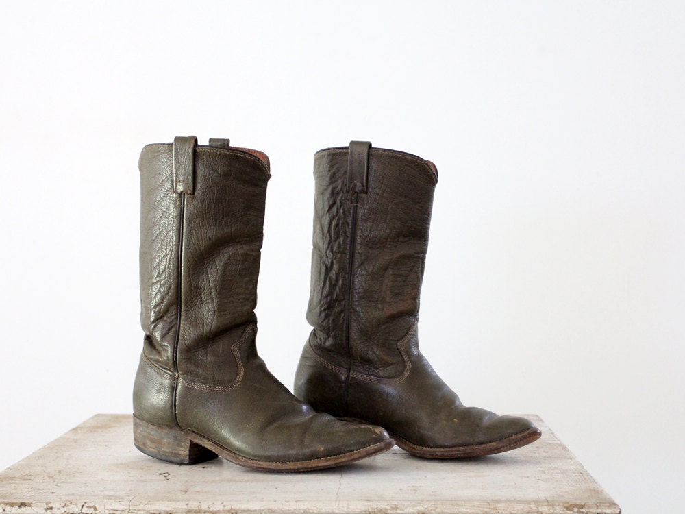 Olive Green Leather Boots / Vintage Western Boots / Mens 10