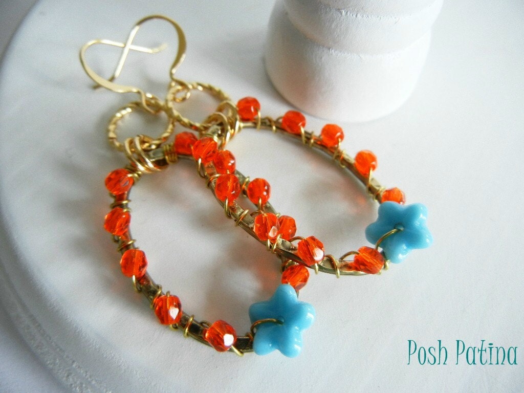 Key West Sunset - Orange and Turquoise Blossom Beaded Hoop Earrings