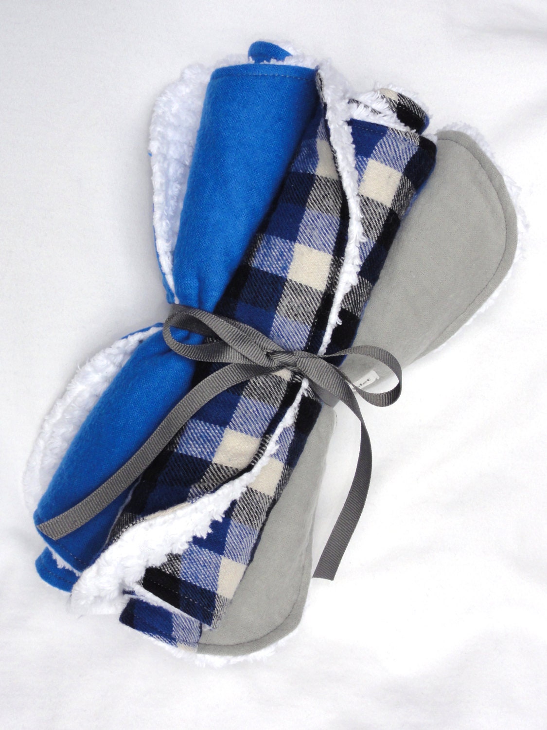 Royal Blue/Black/Gray Plaid Check, Contoured Burp Cloths, Set of 3