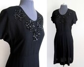 The Perfect 30s / 40s Black Crepe Dress  Sequin Neckline