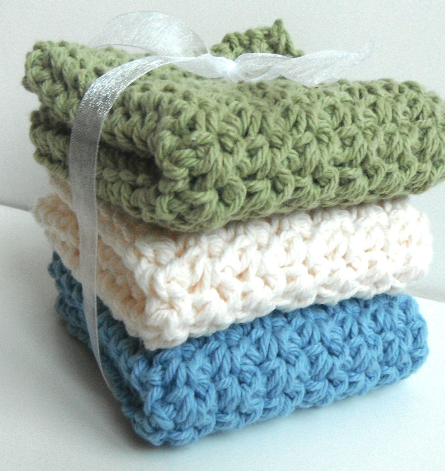 CLEARANCE - Crochet Dishcloths Washcloths - Set of 3 - For Kitchen or Bathroom - Sage Green, Cream, Blue - 100% Cotton