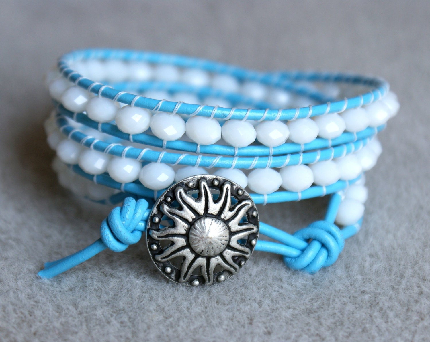 White clouds crystal boho sparkling beaded leather wrap bracelet, 3x, small wrist, Chan Luu Style, blue, opal, bohemian jewelry, trendy