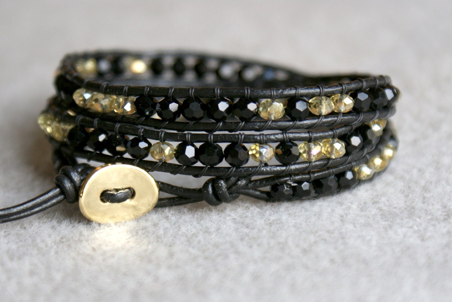 Gold black crystals bohemian sparkling beaded leather wrap bracelet, 3x Wrap bracelet, Chan Luu Style