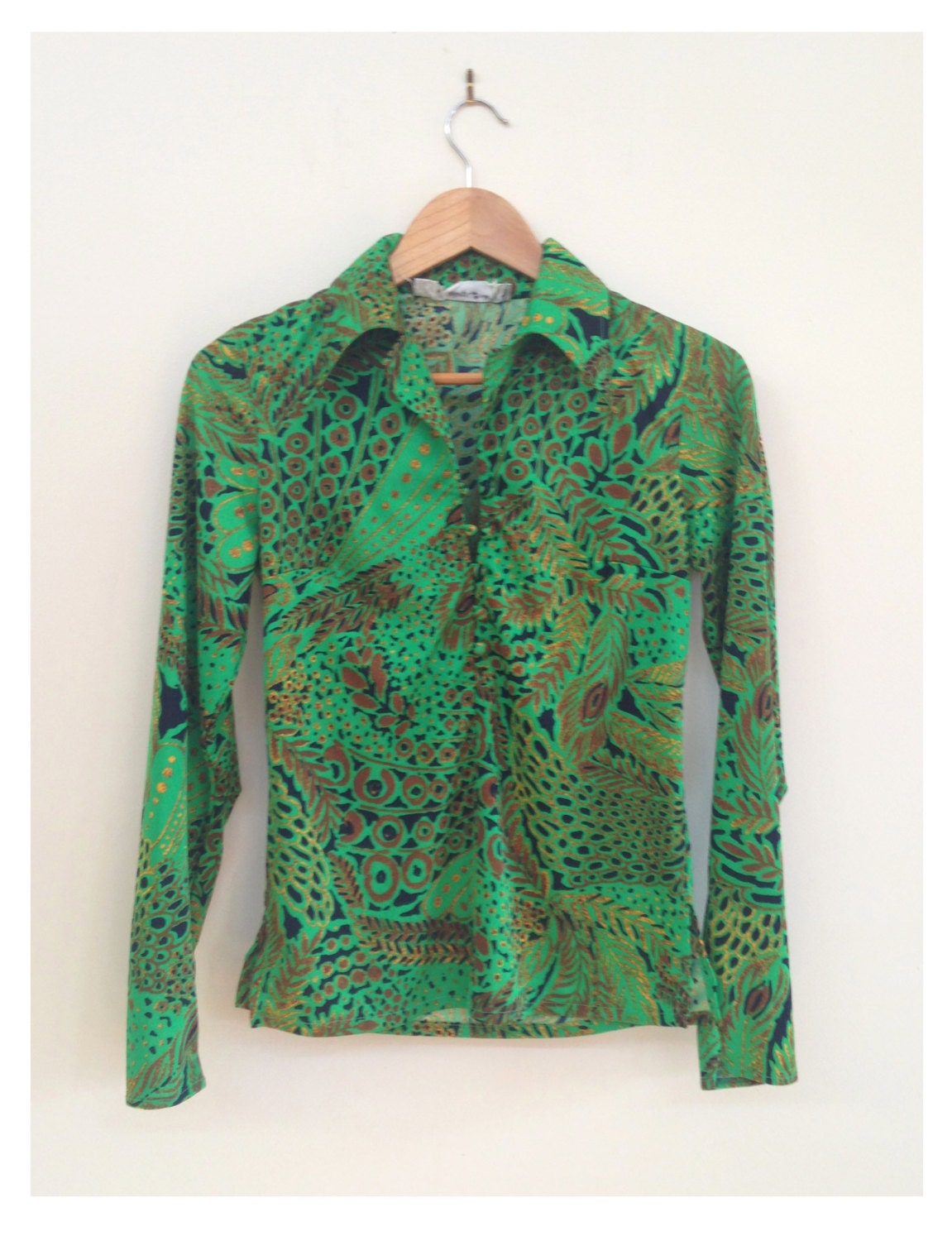 70s Psychedelic green and gold feather print shirt