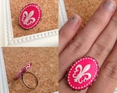Hot Pink Whimsical Retro Fleur de lis Ring - Adjustable