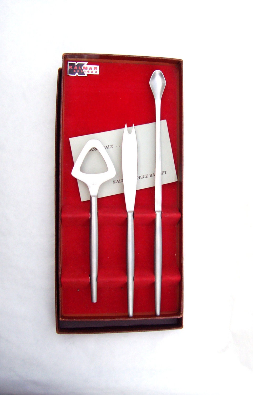 Vintage Kalmar Designs Stainless Steel Barware Set Cocktail Spoon, Knife and Opener Mid Century Made in Italy