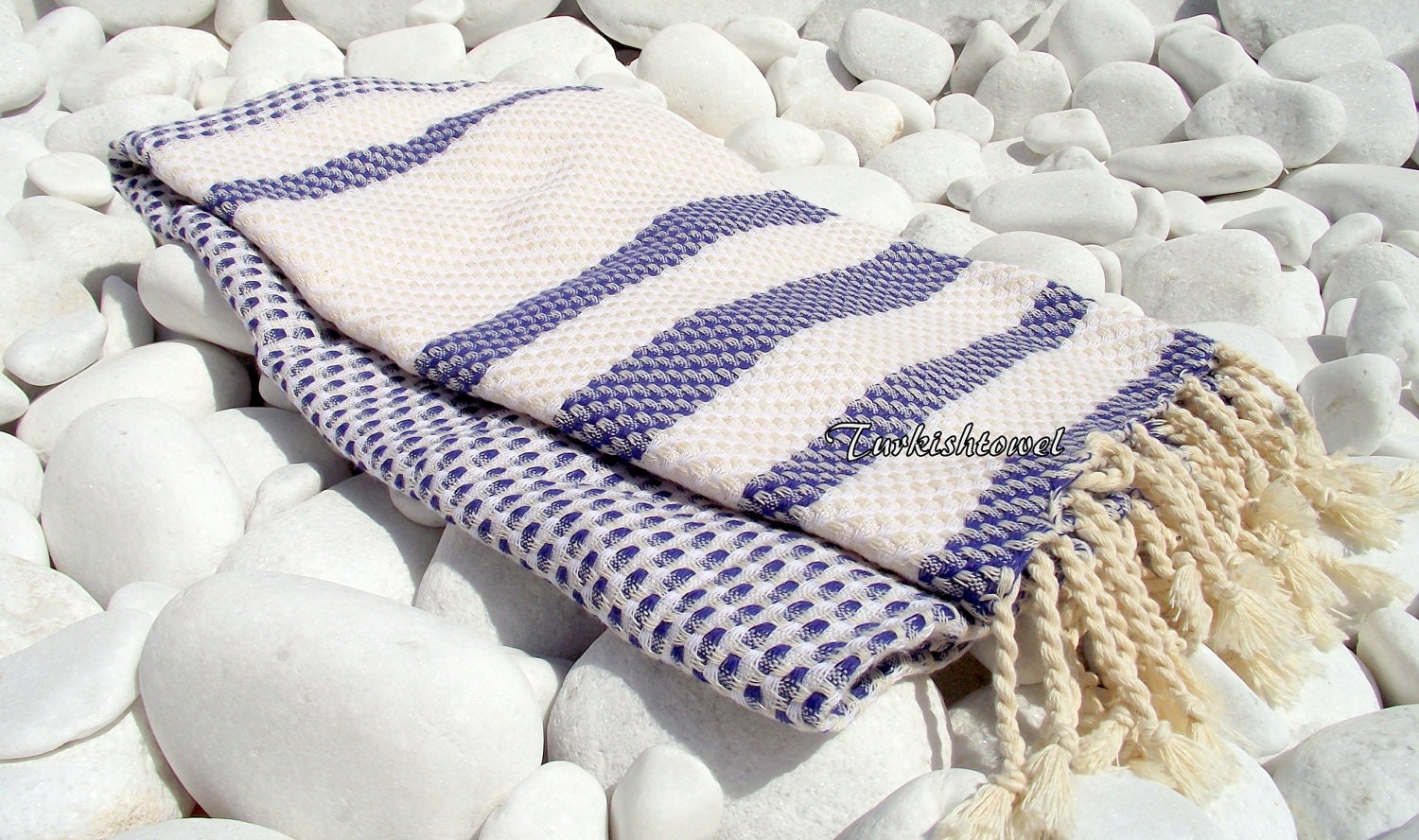Turkishtowel-Highest Quality Pure Organic Cotton,Hand Woven,Bath,Beach,Spa,Yoga Towel or Sarong-Mathing-Natural Cream and Navy,Sailor Blue