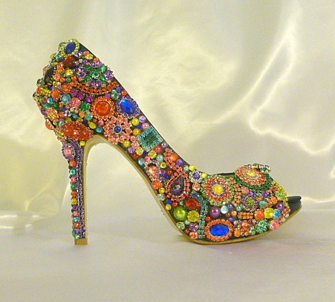 Cinderella's Rainbow... Brilliant colorful, crystal, glass and pearl embellished wedding and party shoes