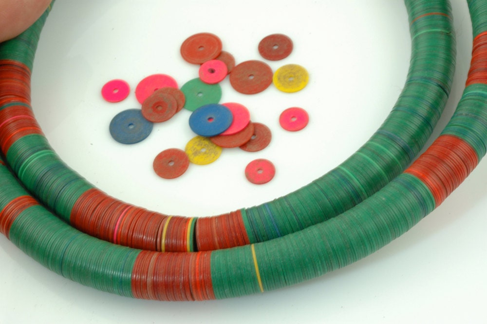 Vintage African Vinyl (Vulcanite) Record Beads, Bright Green and Red, 12x.5mm