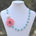 Large Coral Flower and White Rose and Turquoise Beaded Asymmetrical Statement Necklace - Bold Summer Fashion Chunky Statement Necklace