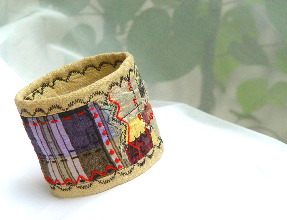 SILK CUFF, Eco - Friendly Jewellery, Embroidered Bracelet, Purple Red, Women Accessory, Gift Idea
