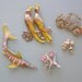 Vintage Painted Metal Brooch Lot Birds, Hummingbird Trembler, Flowered Car, Swordfish