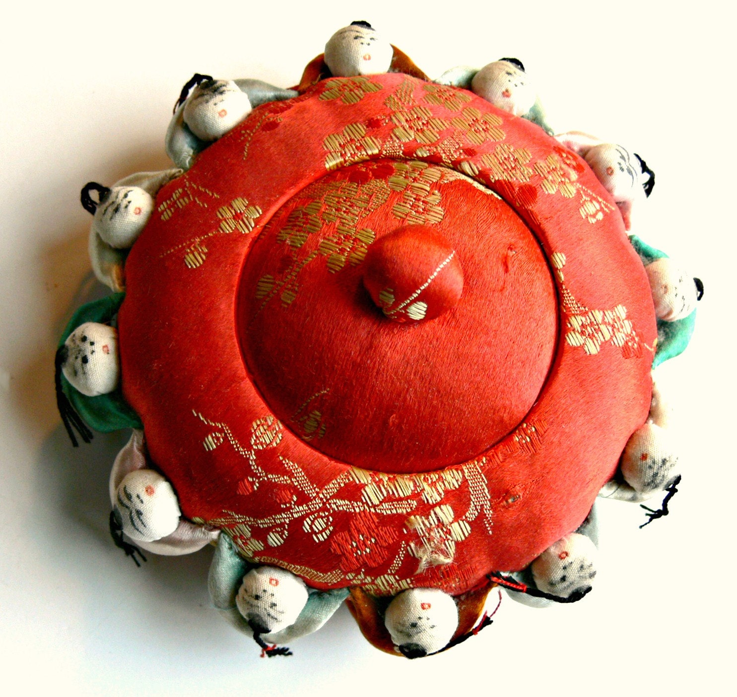 Vintage Pin Cushion Box Chinese Red Silk by EitherOrFinds on Etsy