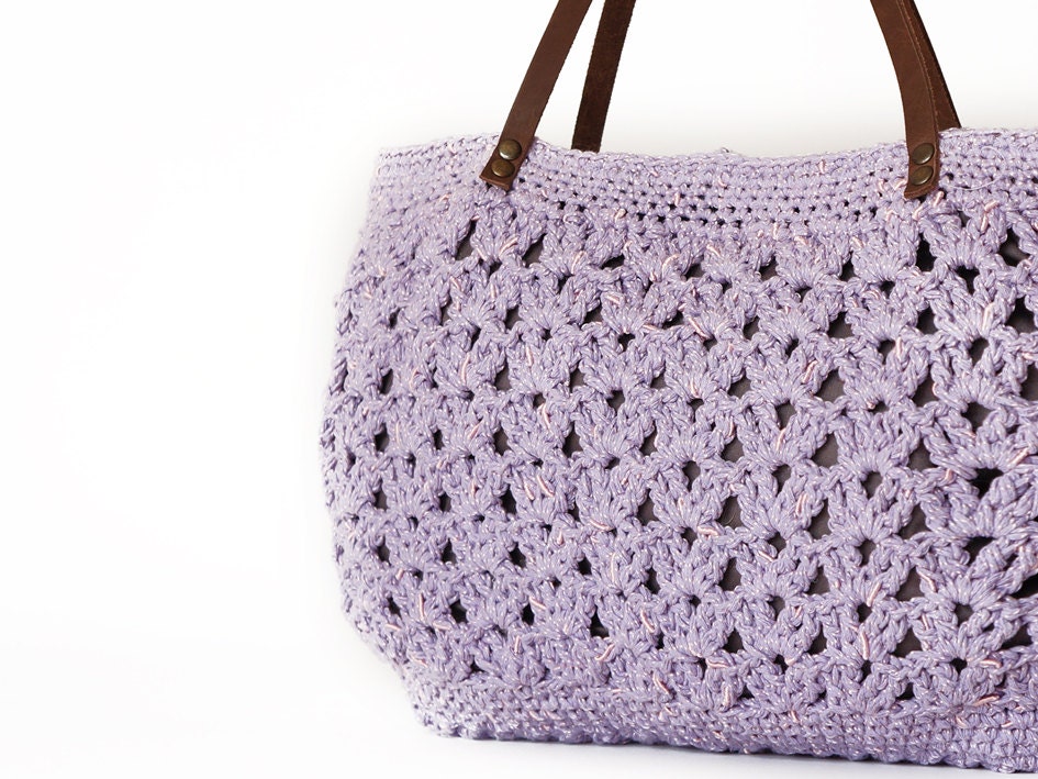 Lilac summer shoulder bag- hand bag With Genuine Leather Straps / Handles