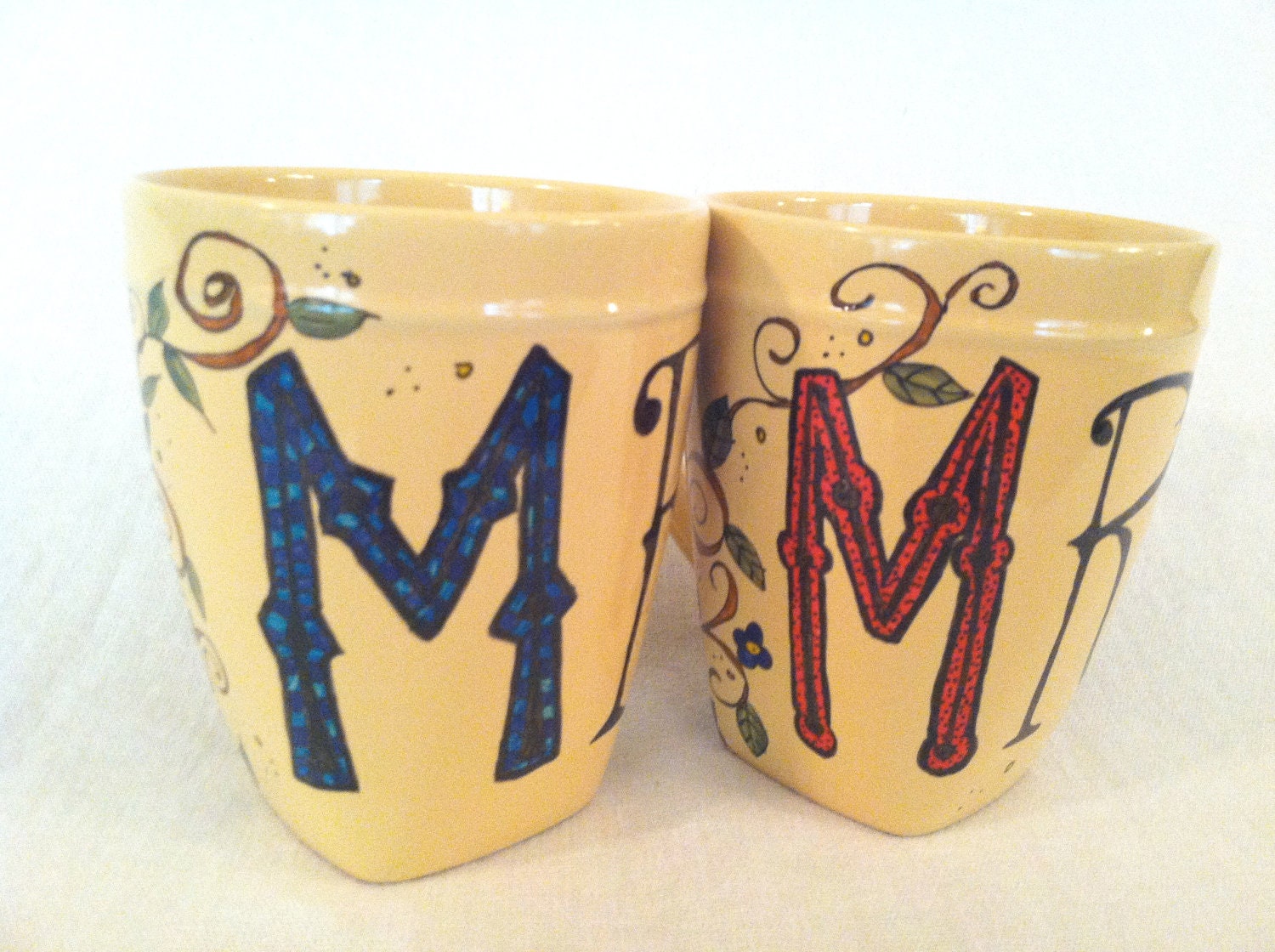SALE: Mr. and Mrs. Hand-painted Wedding Mugs - His and Hers- Butter Yellow with matching vine designs