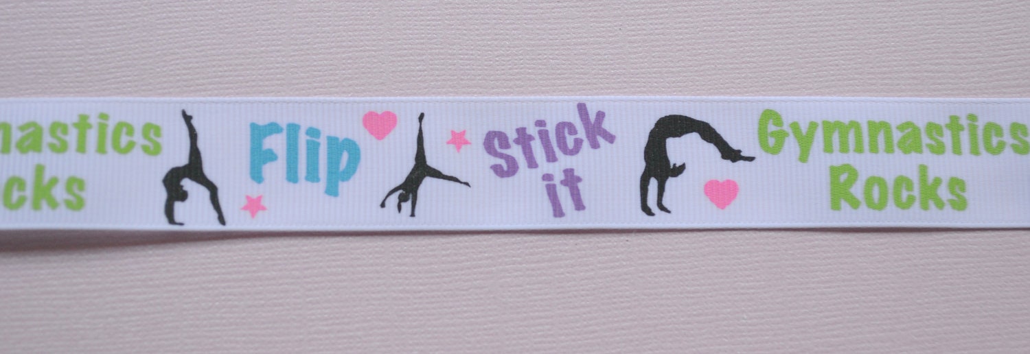Flip it Gymnastics on white 7/8" grosgrain ribbon Il_570xn