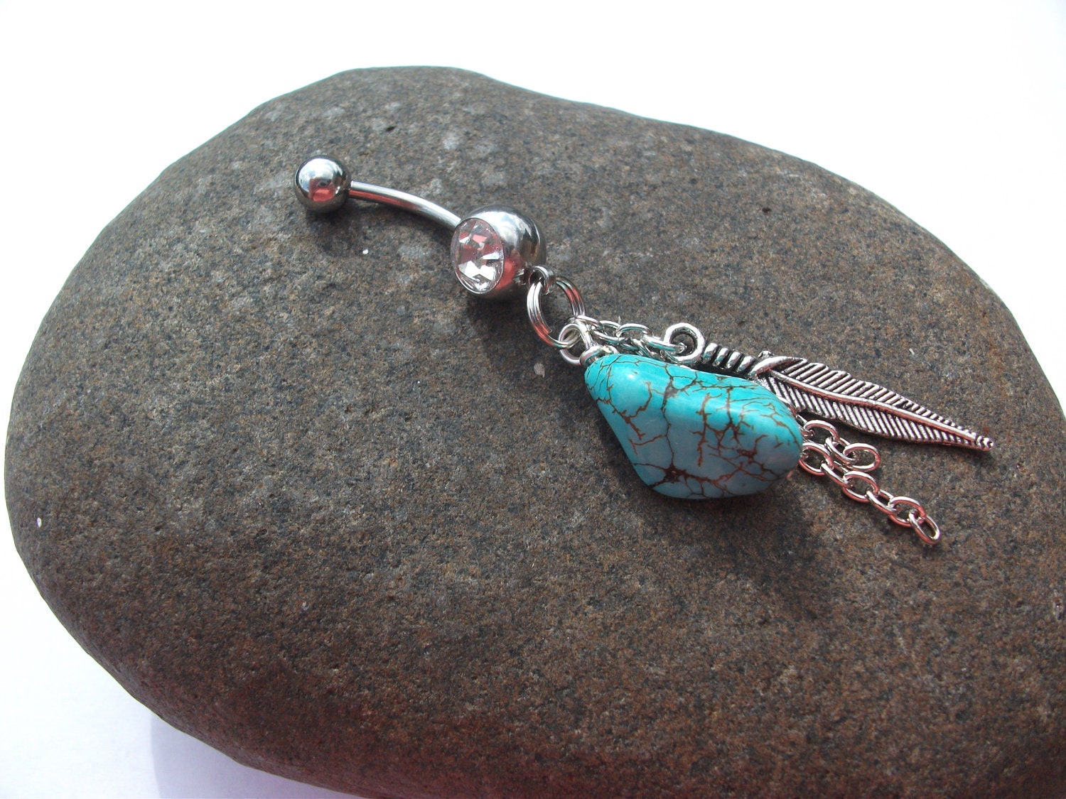 Turquoise Feather Dangle Hippy Boho Belly Ring 14 Gauge