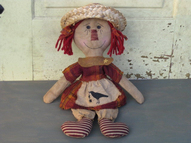 Primitive Raggedy Ann Doll with Crow on Apron - Fall - Fabric - Shelf Sitter