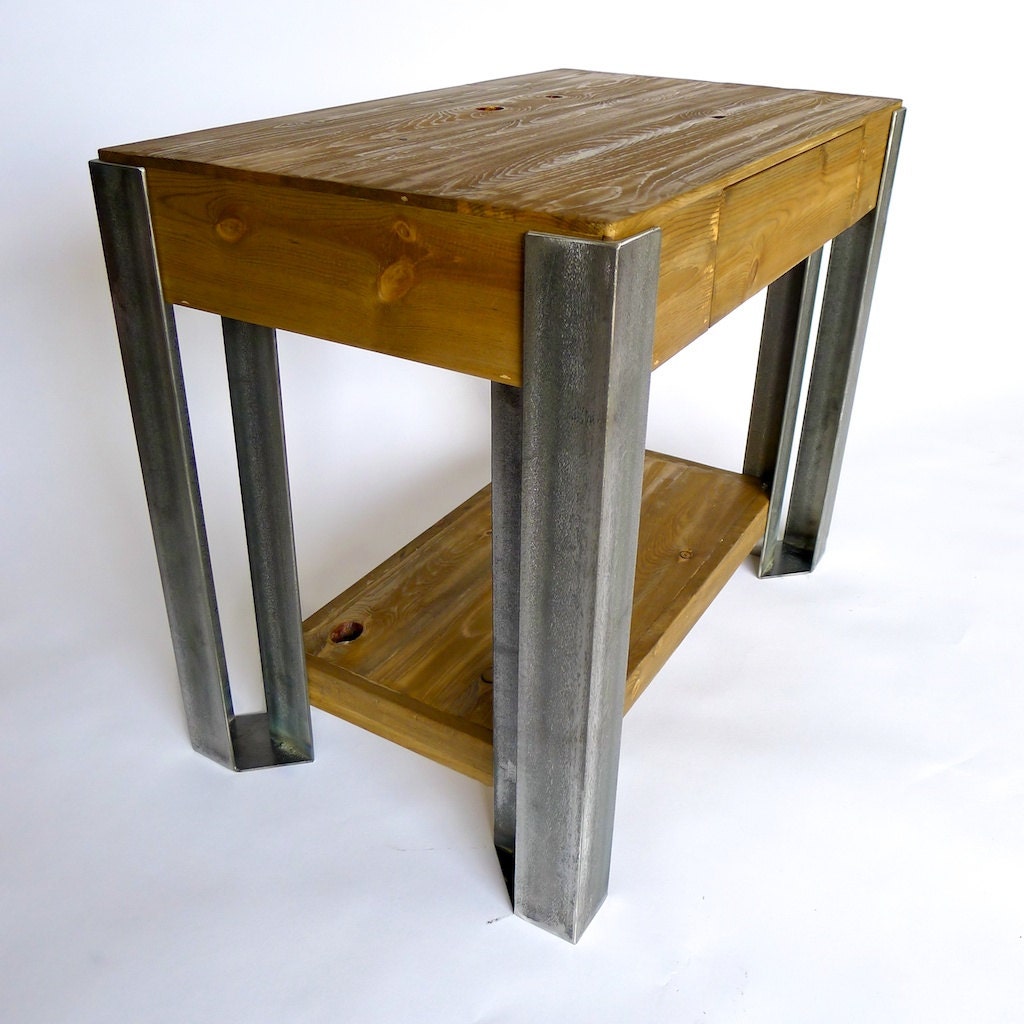 Gale Side Table angle iron welded steel legs and natural beetle kill pine wood with eco-friendly stain