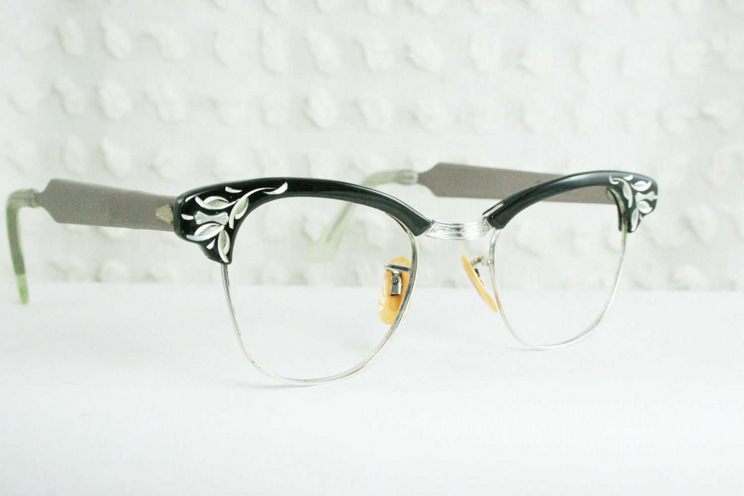 60s Cat Eye Glasses 1960's Browline Eyeglasses Etched Metal Wire Rim Hybrid Frame Black Bronze Aluminum 44/20 Universal Optical