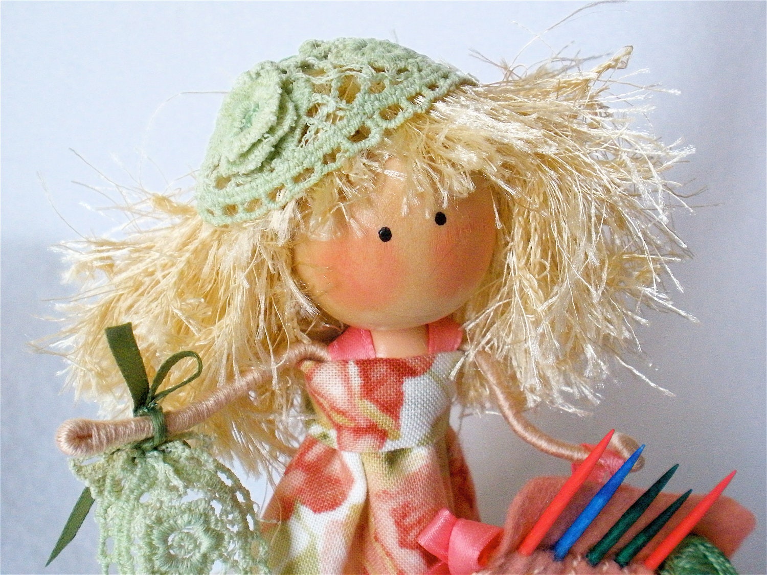 Clothespin Art Doll Crocheter Pegtales Crafter Series Peach and Green Crochet