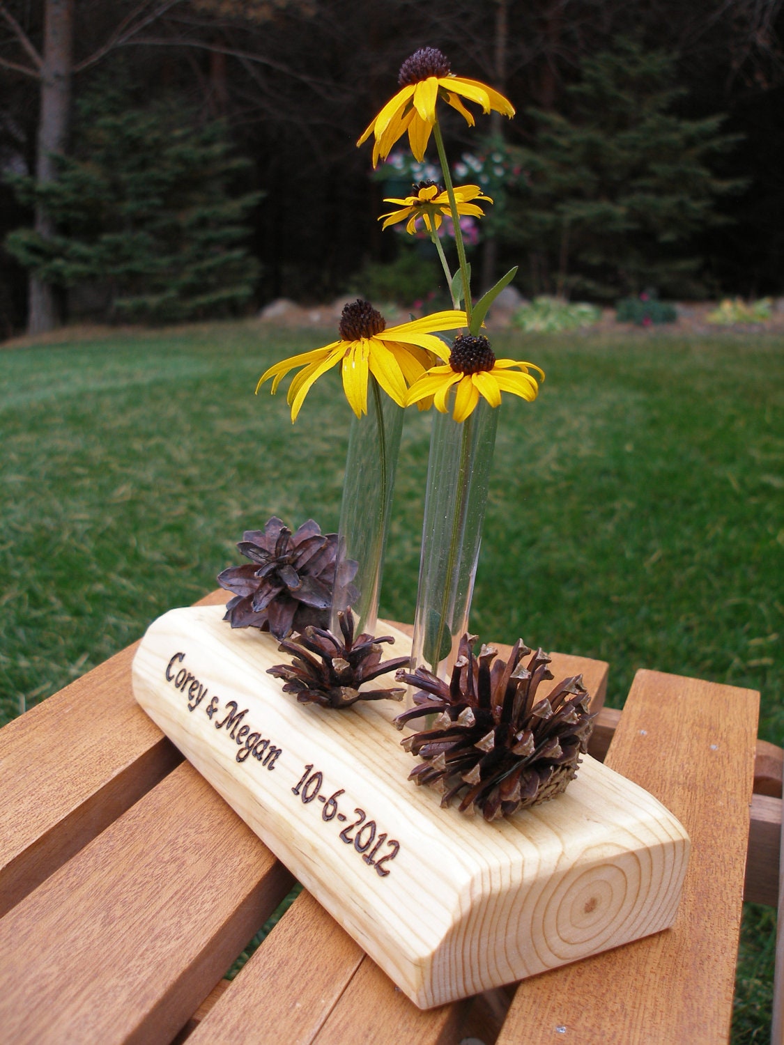Rustic Wedding Reclaimed Wood and Pine Cone Front Centerpiece Hand Burned Personalized