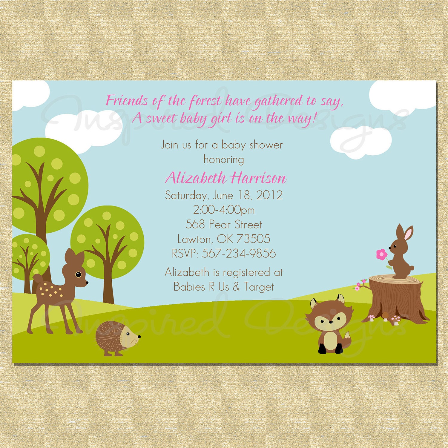 Forest Spring/Summer Pink Baby Shower Invitation - Matching Coordinates Available Il_570xn