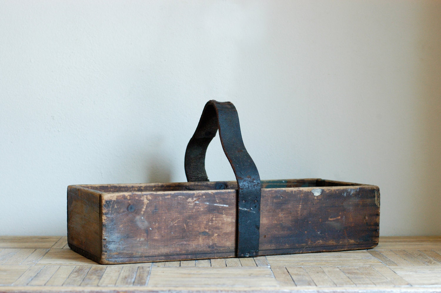Vintage Wooden Box with Leather Handle