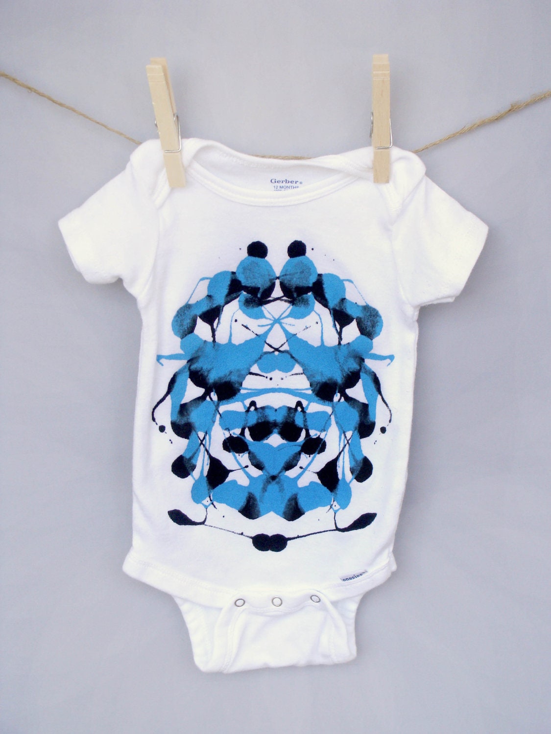 Decorated Onesie - Unique Baby Gift - Ink Blot Design - Blue and Black original design - 12 months - quality cotton onesie - non-toxic paint