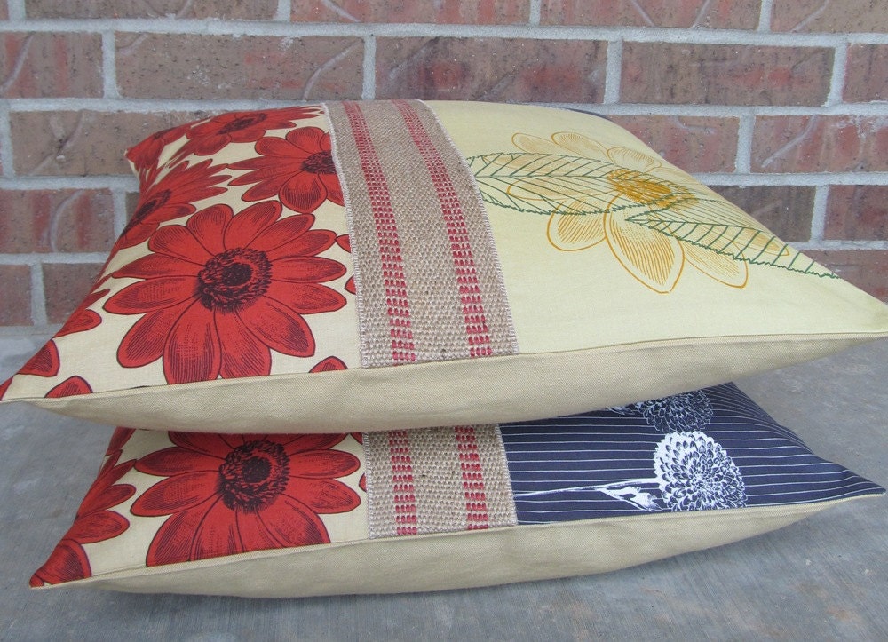 Decorative Throw Pillows Cottage Chic Floral Print Burlap Trim 20" x 20"