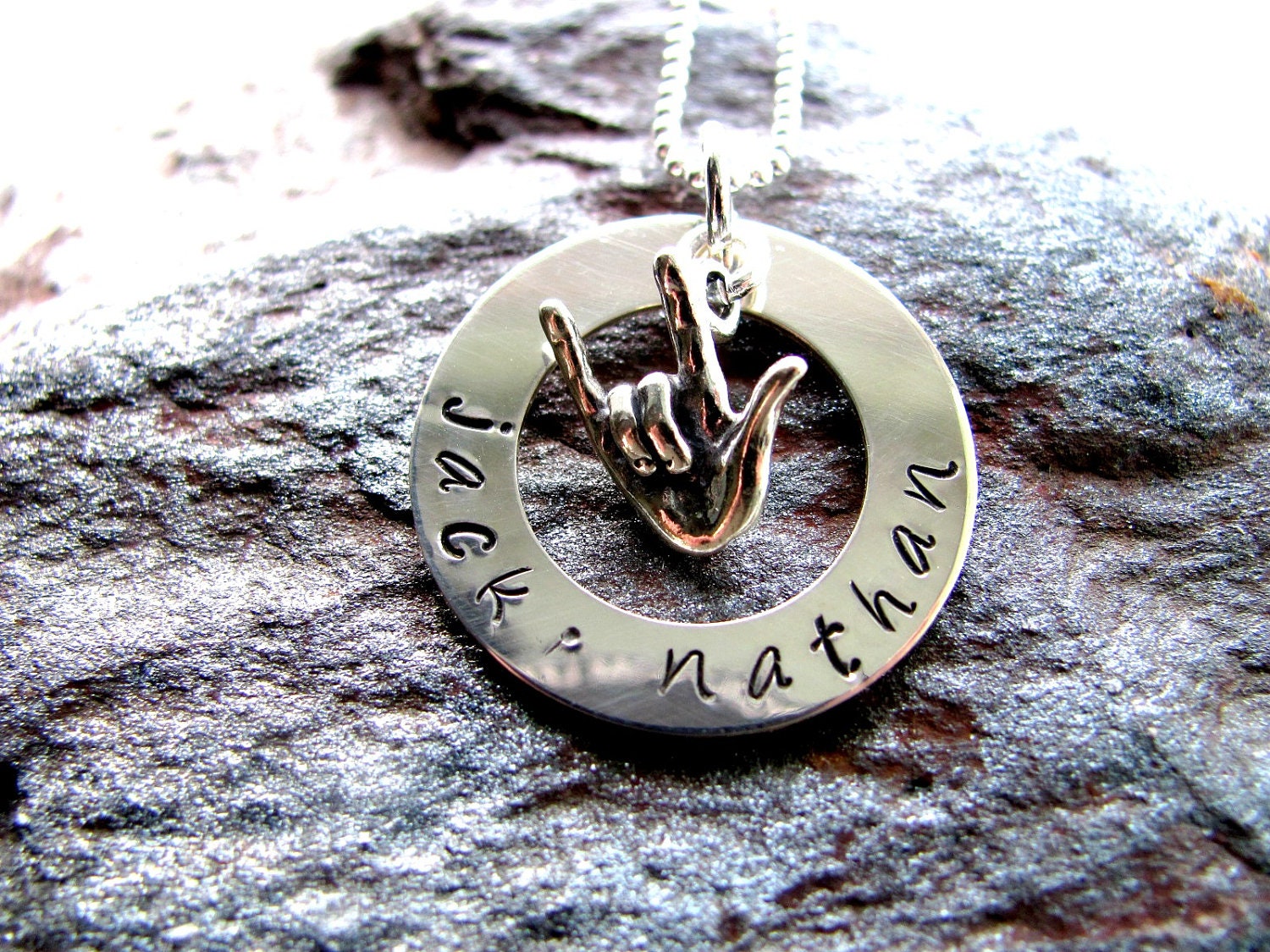 A "I Love You" Sign Language Hand with a Personalized Sterling Silver Hand Stamped Necklace