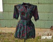 The Isadora Dress - Dark Green Vintage Style Floral Dress with Black Lace Trim
