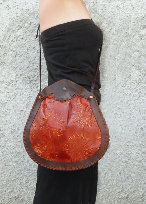 Large Shoulder Hippie Boho Bag Brown Leather  Bag With Sunflowers